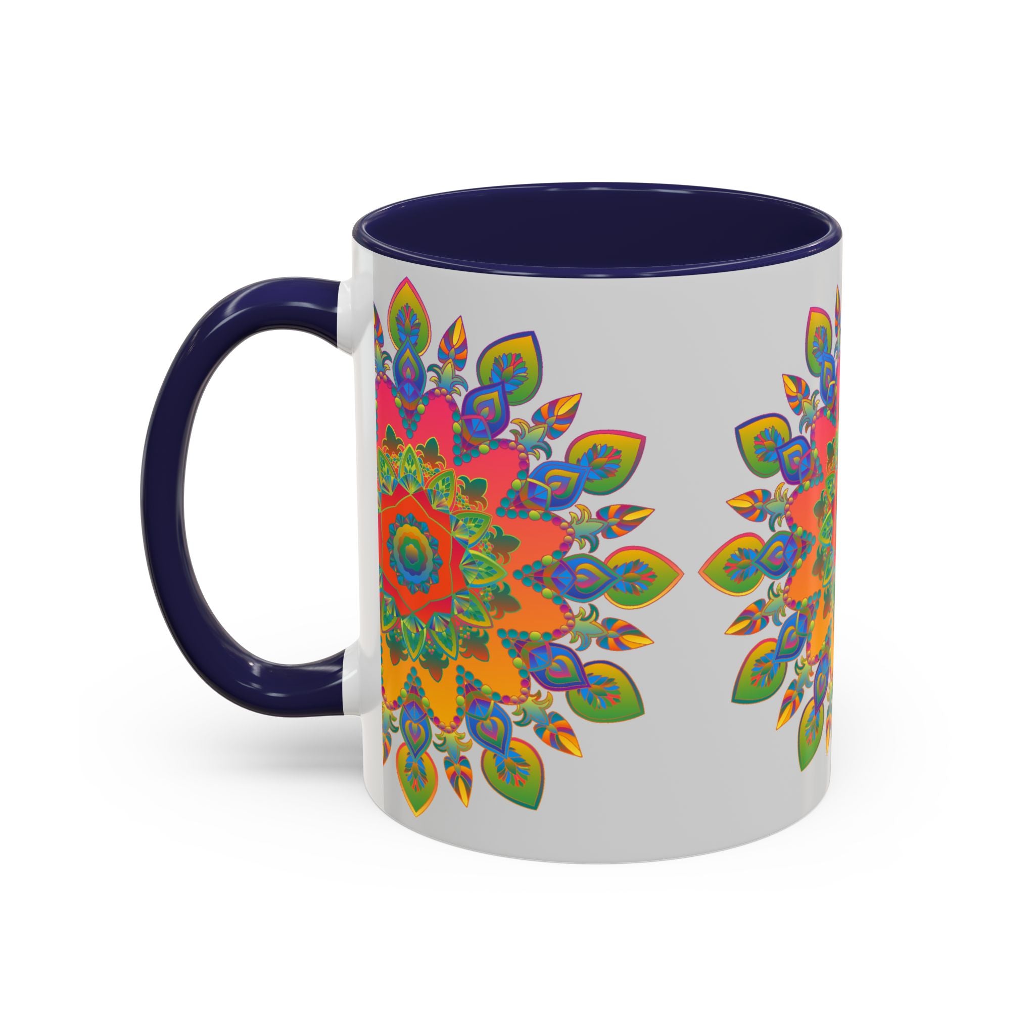 Beautiful grey ceramic mug featuring a colorful and intricate mandala design