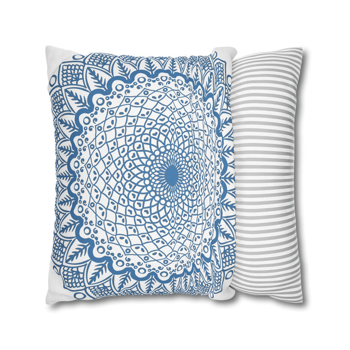 Spun Polyester Square Pillowcase with Hand-drawn Steel Blue Mandala Art