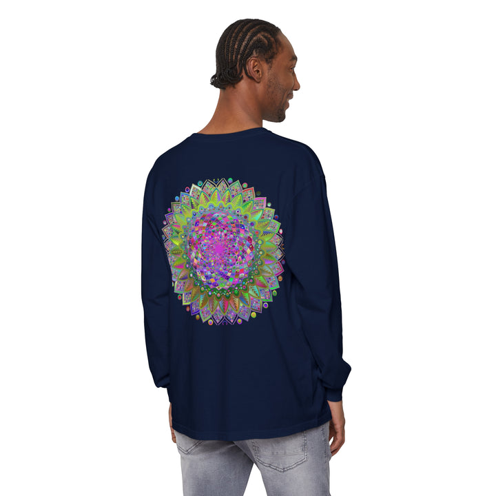 Colorful and intricate mandala design on a unisex long sleeve t-shirt