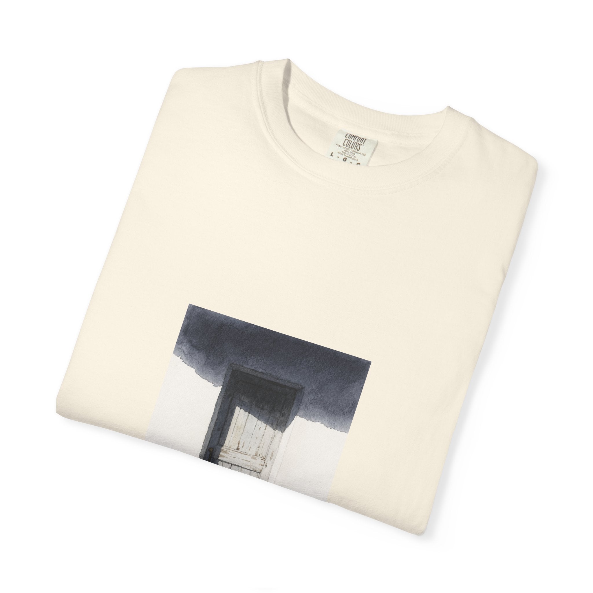 T-Shirt — Minimal Art Cat at Door Graphic Tee