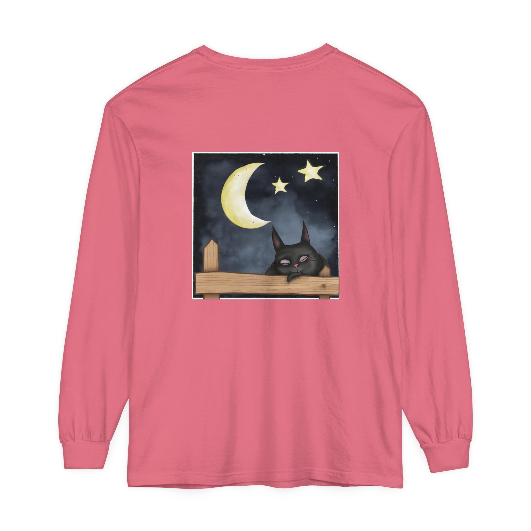 A comfortable black t-shirt with a cute sleepy cat design under a starry night sky