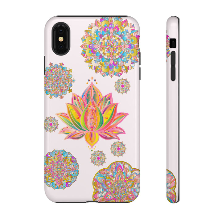 A light pink phone case with a mandala design featuring a beautiful lotus flower