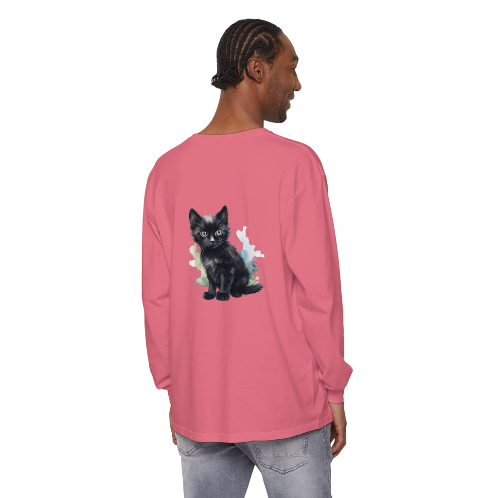 Black Kitten Watercolor - Long Sleeve T-Shirt featuring adorable kitten design in watercolor style on black fabric