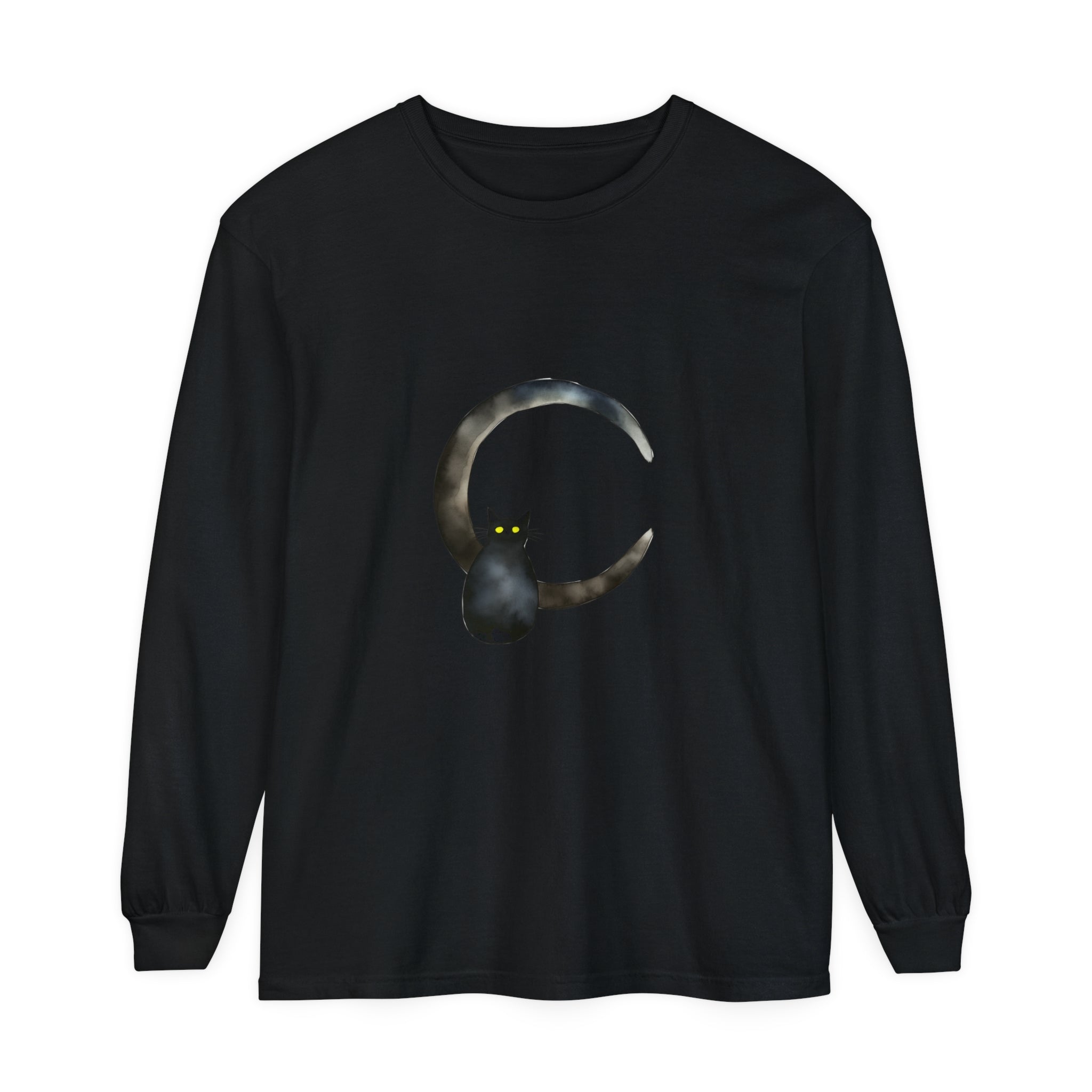 Black cat with golden eyes sitting on a crescent moon on a t-shirt