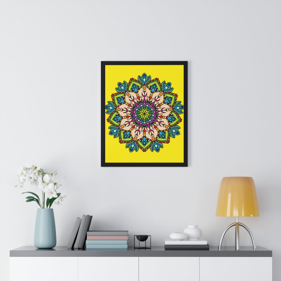 Hand-drawn yellow mandala art framed poster, perfect for mindfulness and yoga