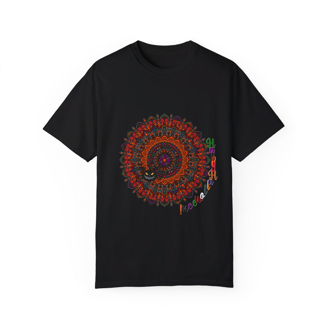 Halloween Mandala T-shirt Unisex in Black with Handmade Pumpkin Mandala Art