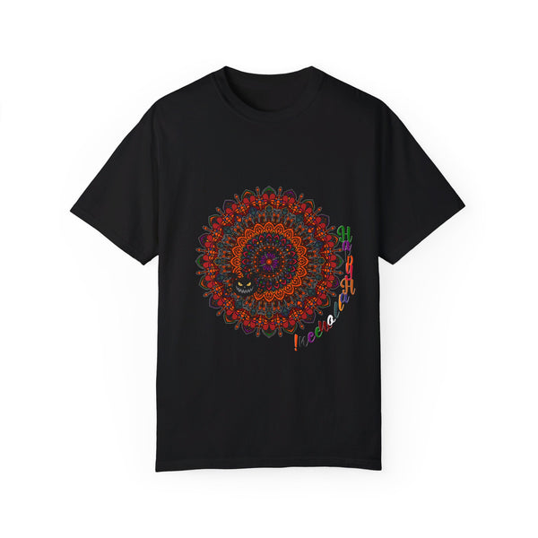 Halloween Mandala T-shirt Unisex in Black with Handmade Pumpkin Mandala Art