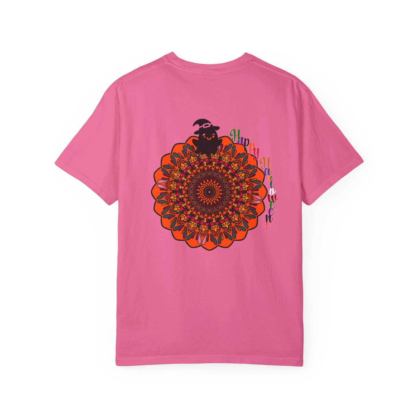 Handmade unisex Halloween mandala t-shirt with vibrant pumpkin mandala art