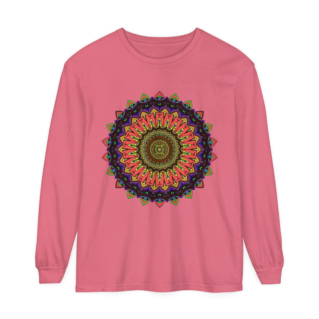 A detailed, colorful, intricately designed long sleeve t-shirt featuring a mandala pattern