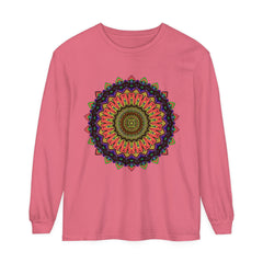 A detailed, colorful, intricately designed long sleeve t-shirt featuring a mandala pattern
