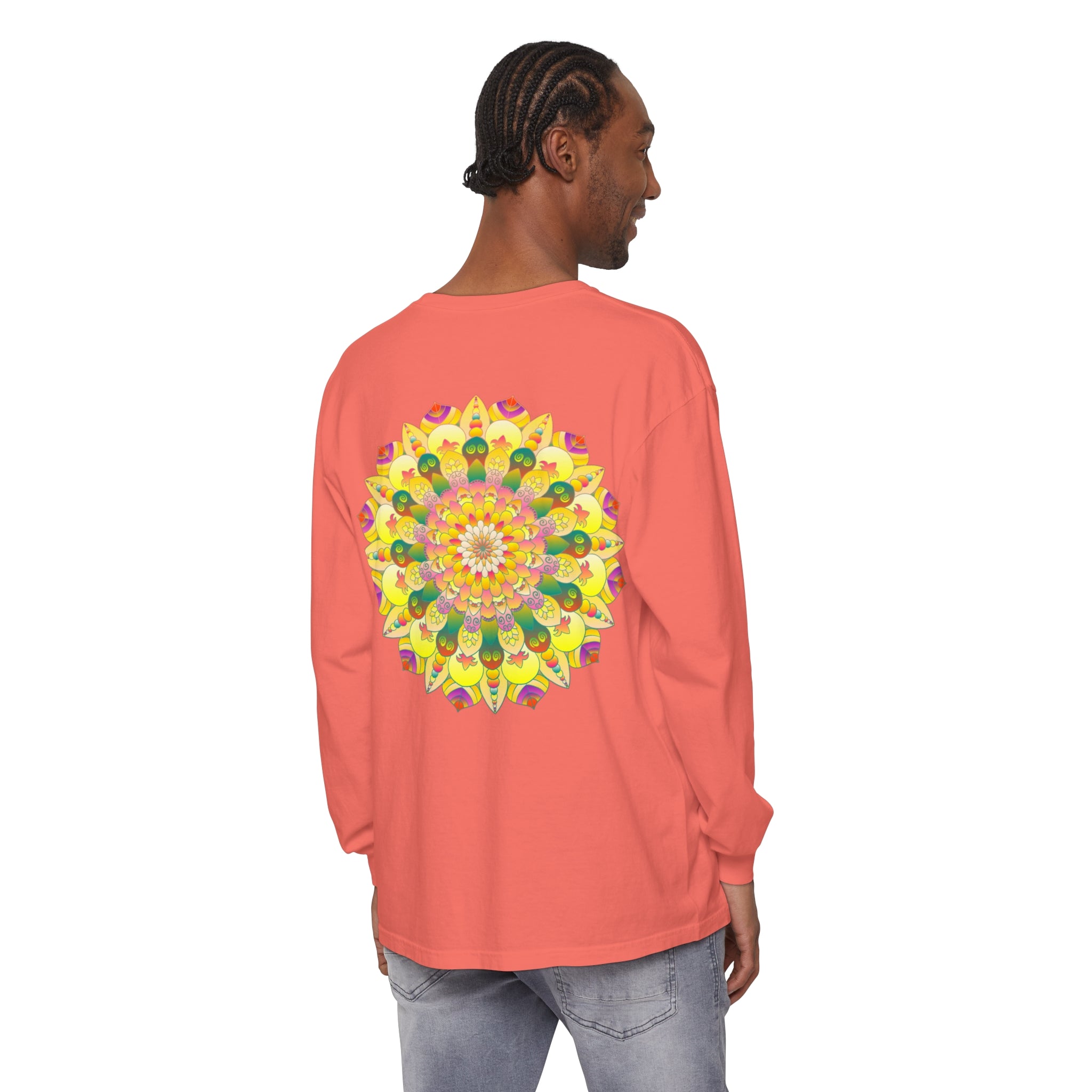 Colorful and intricate mandala design on a unisex long sleeve t-shirt