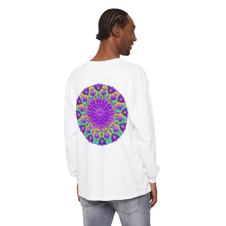 Vibrant purple and green mandala design long sleeve t-shirt for women