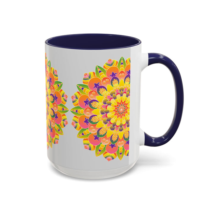 Bohemian art inspired mandala mug with intricate and colorful design on white background