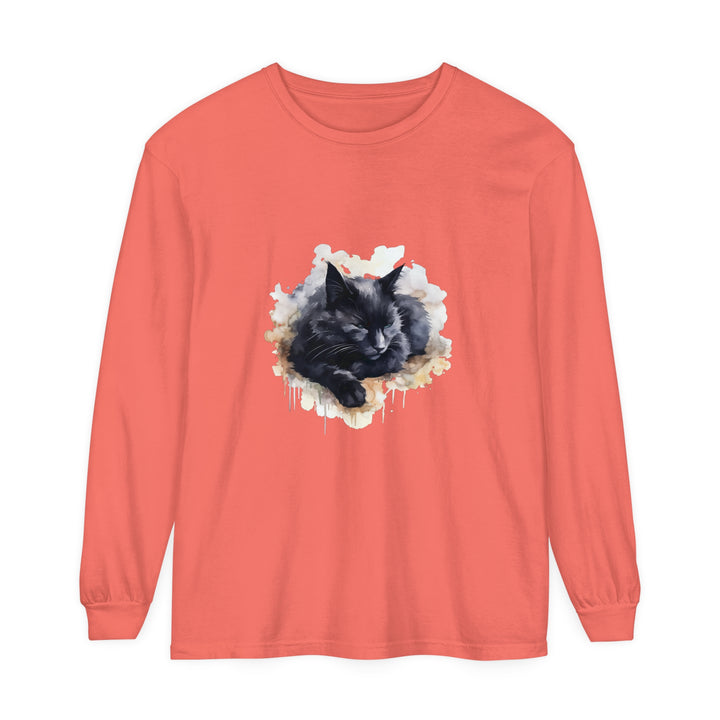 Sleeping black cat watercolor t-shirt with vibrant colors and intricate details