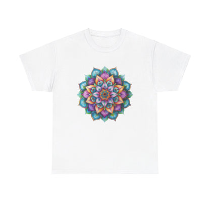 Mandala Art Yoga Mindfulness - Unisex Heavy Cotton Tee t-shirt on a female model in lotus pose with colorful mandala design