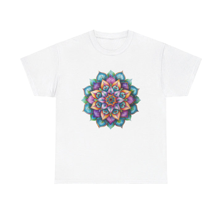 Mandala Art Yoga Mindfulness - Unisex Heavy Cotton Tee t-shirt on a female model in lotus pose with colorful mandala design