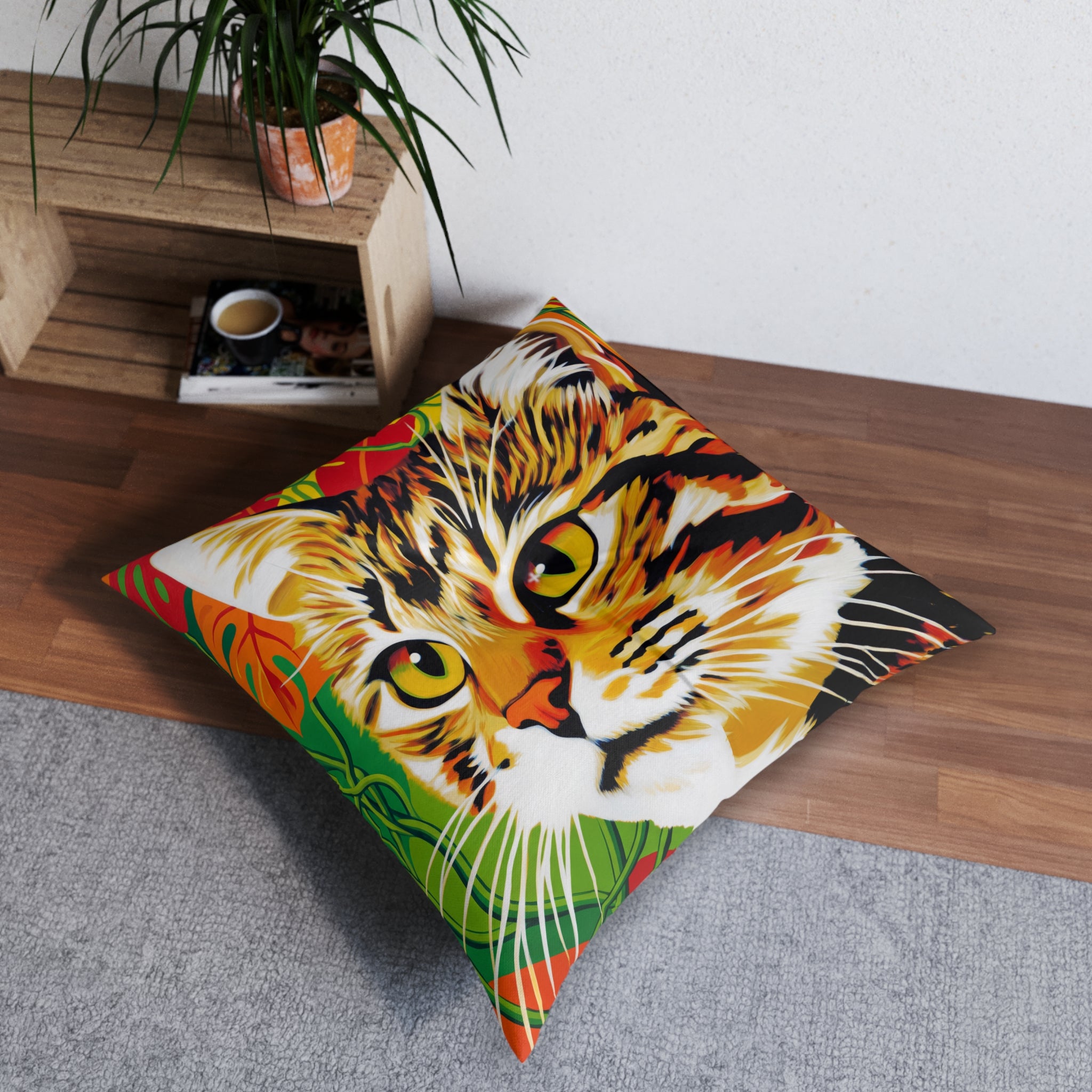Cat & Tropical Leaves Tufted Floor Pillow Square — Colorful Boho Cat Decor