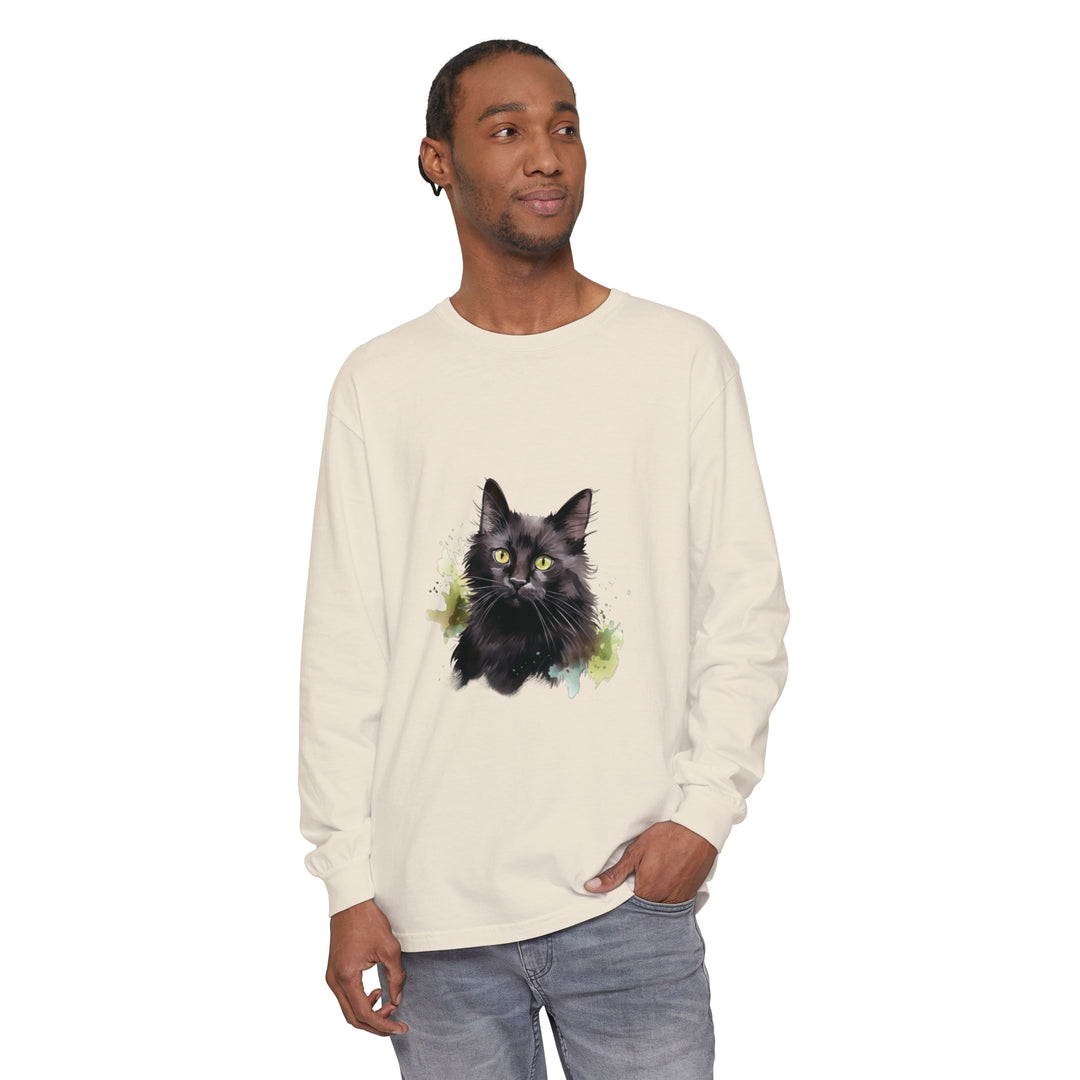 Black Cat Watercolor Splash Long Sleeve T-Shirt with vibrant feline design