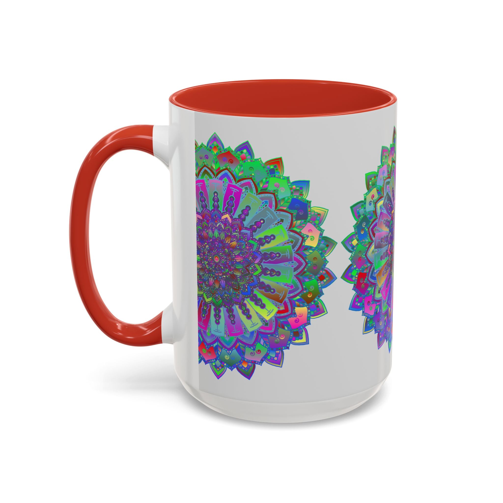 A colorful and intricate mandala art mug featuring vibrant designs