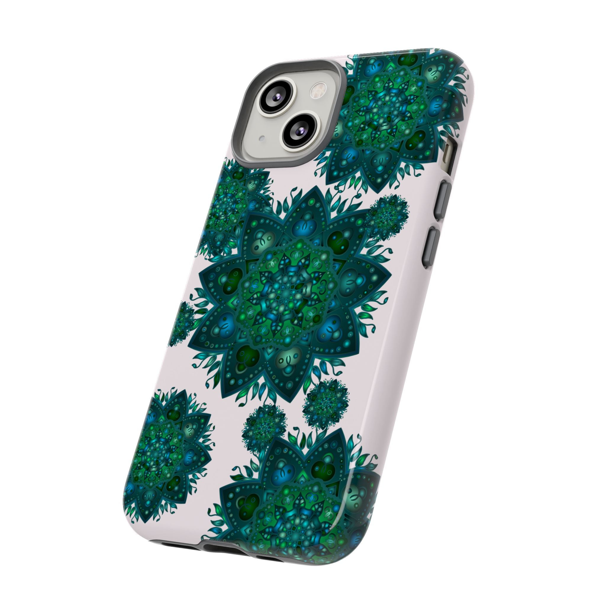 Beautiful light pink and green mandala phone case with a peaceful and intricate design