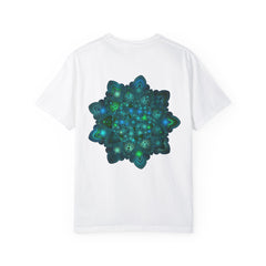 A close-up photo of a unisex blue and green mandala design t-shirt with intricate patterns and vibrant colors