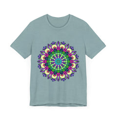 A close-up image of a vibrant mandala tee featuring a colorful and intricate design with bold patterns and beautiful details in various shades of red, blue, yellow, and green