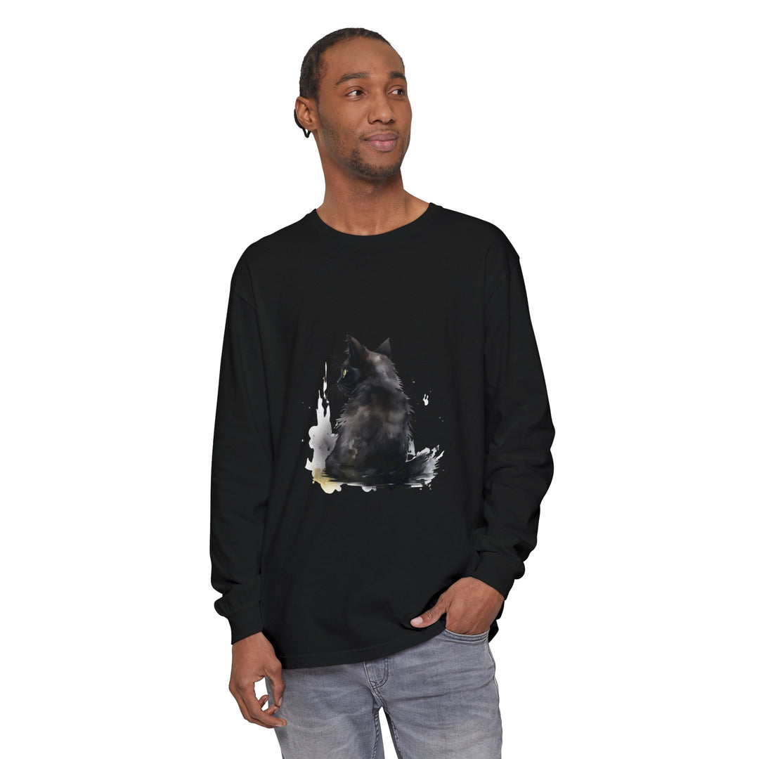 A vibrant and unique long sleeve t-shirt featuring a dreamy watercolor design of a black cat