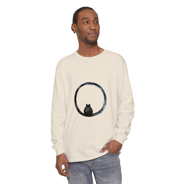 A close-up image of a black long sleeve unisex T-shirt with a mesmerizing sphere design