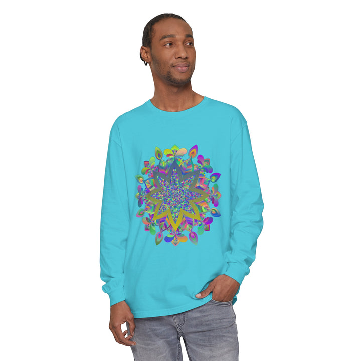 Colorful Mandala Unisex Long Sleeve T-Shirt featuring vibrant, intricate design and comfortable fit