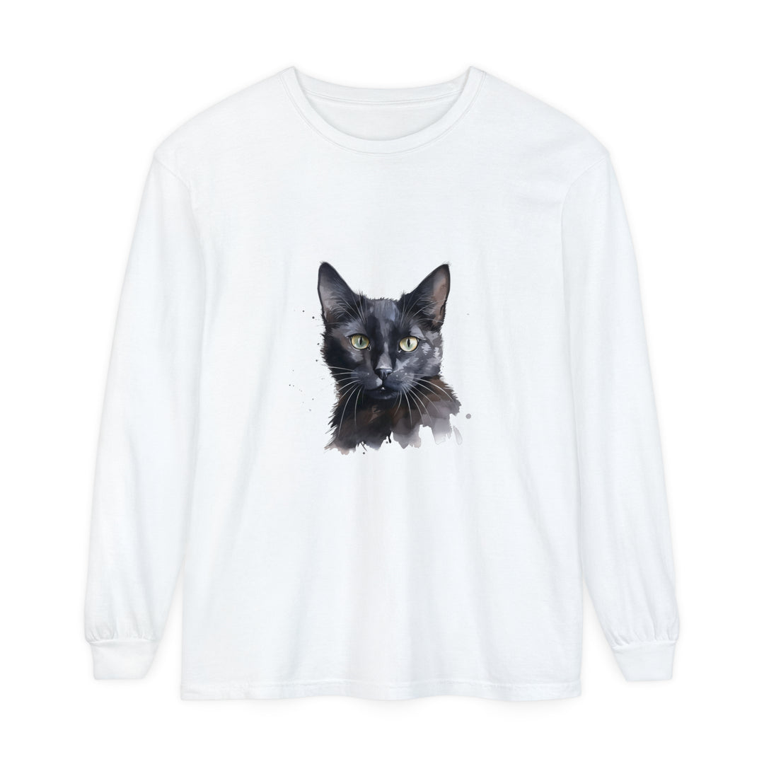 Black Cat Watercolor - Mystical Long Sleeve T-Shirt featuring a stunning watercolor design of a black cat against a mystical background