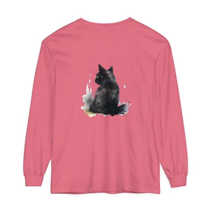 Black Cat Watercolor Dream long sleeve t-shirt featuring a realistic watercolor cat design on black background