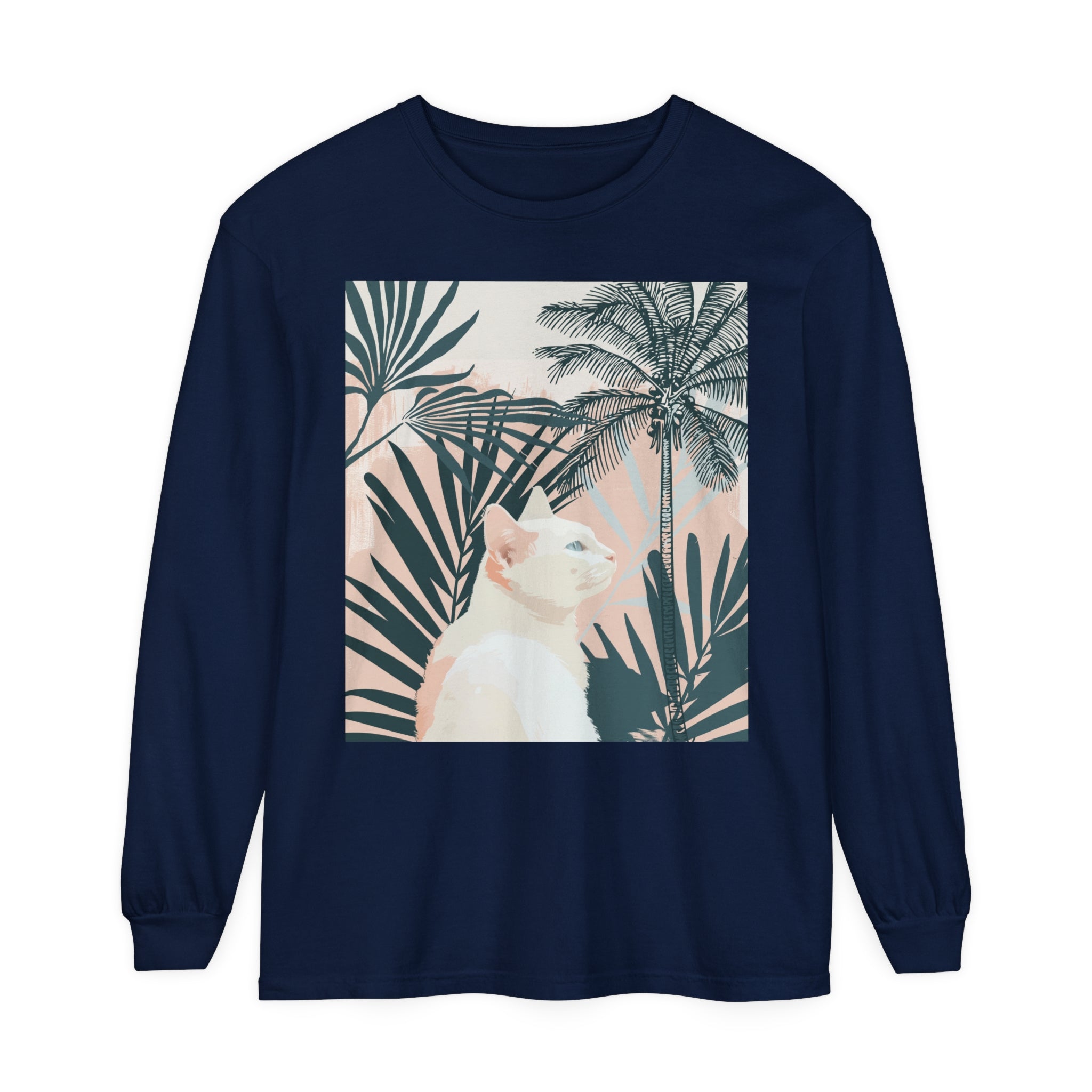 White Cat Tropical Mandala Long Sleeve T-Shirt, featuring a vibrant, colorful design