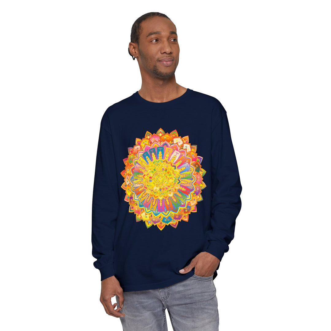 Intricate Mandala Unisex Long Sleeve T-Shirt featuring detailed mandala design in vibrant colors perfect for all genders and occasions