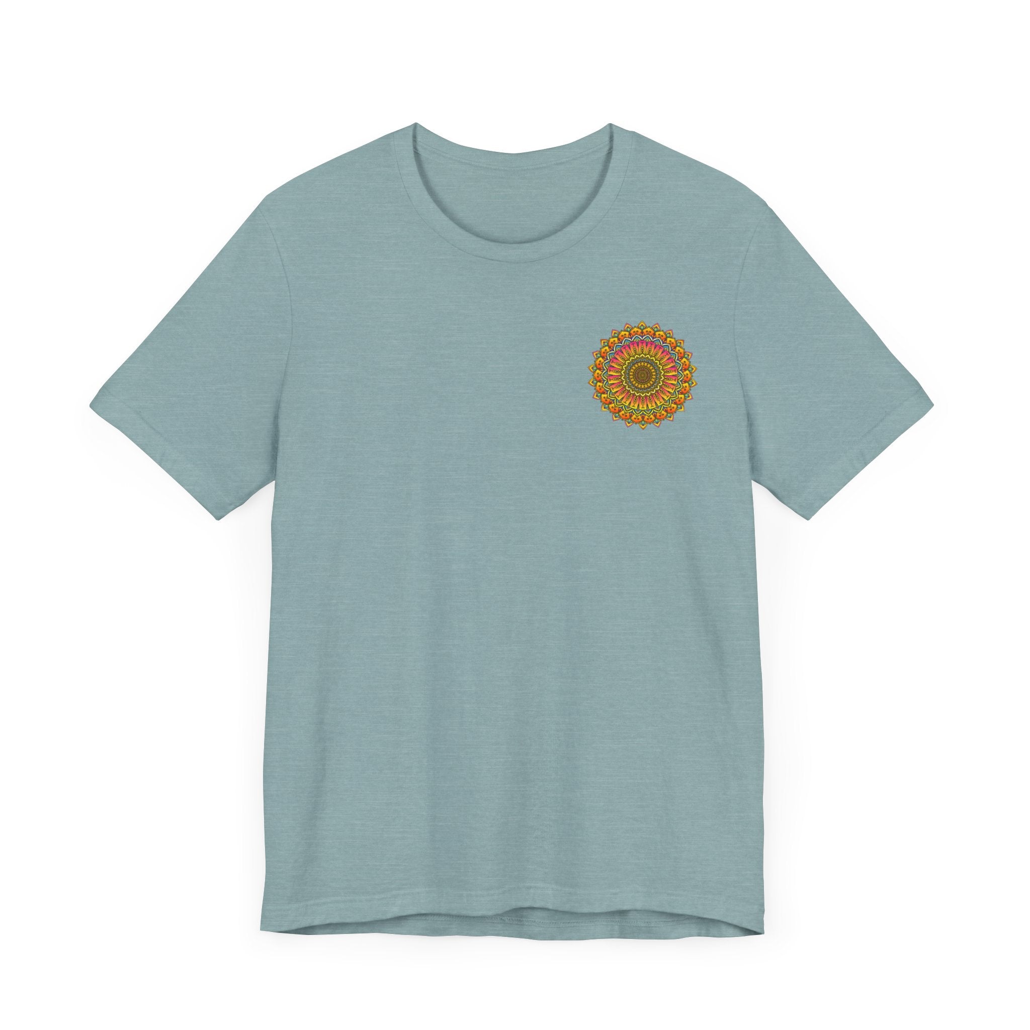 Colorful and intricate mandala design tee promoting spiritual peace and harmony