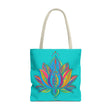 Beautiful azure blue Mandala Lotus Tote Bag with intricate design and spacious interior for daily essentials and beach outings