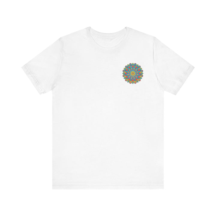 A vibrant and colorful psychedelic mandala t-shirt featuring spiritual peace symbols