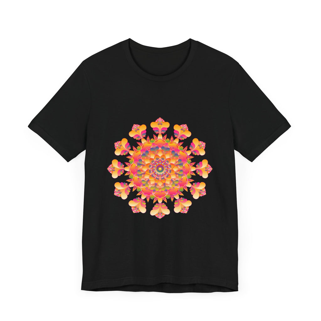 Vibrant Mandala Tee featuring intricate pink, yellow, orange, and green design