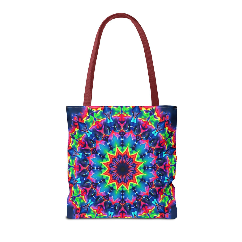 Colorful and intricate psychedelic mandala tote bag with vibrant patterns and swirling designs for bohemian fashion statement