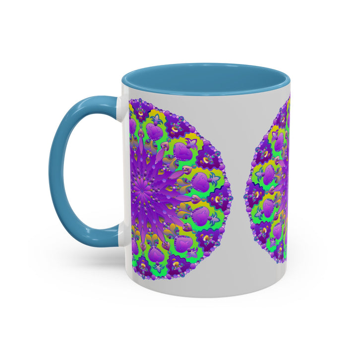 Beautiful purple mandala design on a grey ceramic mug, perfect for adding vibrant art to your morning coffee routine