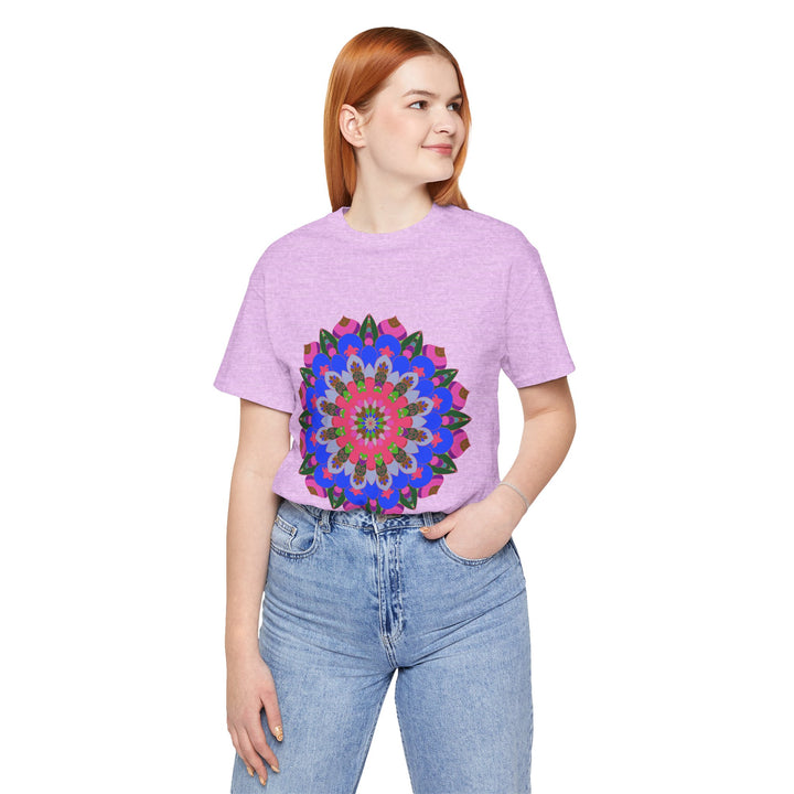 Vibrant and intricate mandala geometric design on a colorful t-shirt