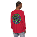 Colorful psychedelic mandala design featured on unisex long sleeve t-shirt