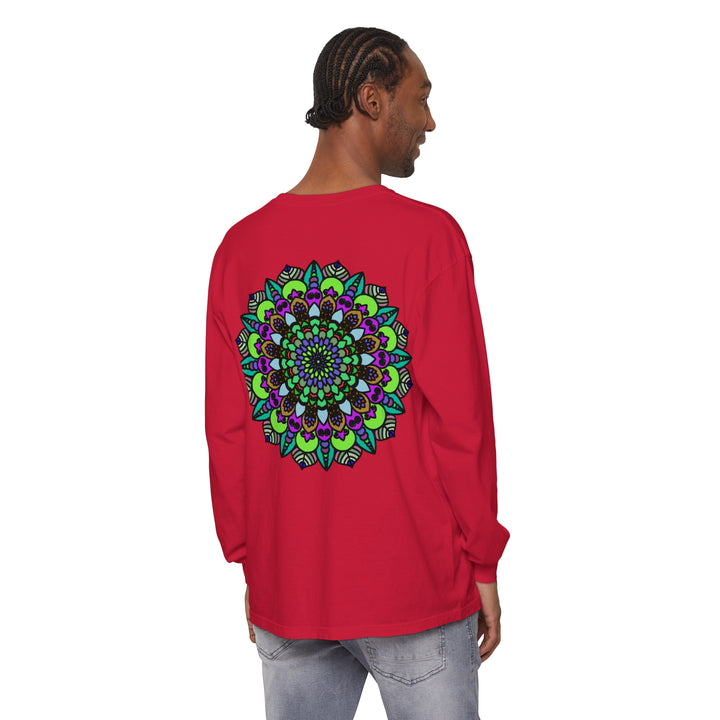 Colorful psychedelic mandala design featured on unisex long sleeve t-shirt