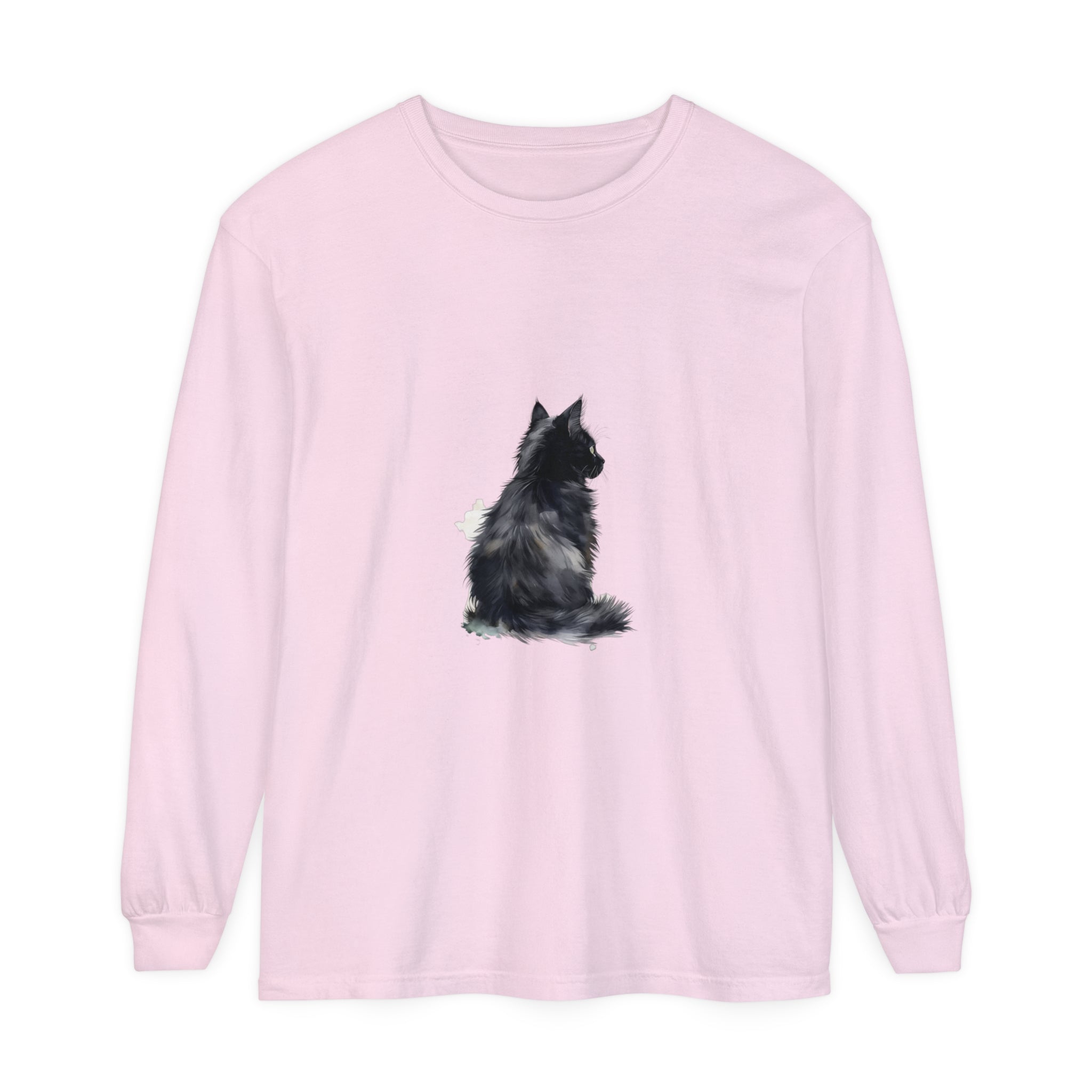 Vibrant watercolor illustration of a black and white cat on a long sleeve t-shirt