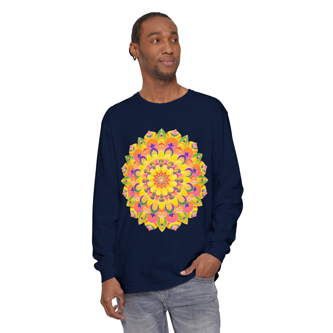 Colorful and intricate mandala design featured on a unisex long sleeve t-shirt