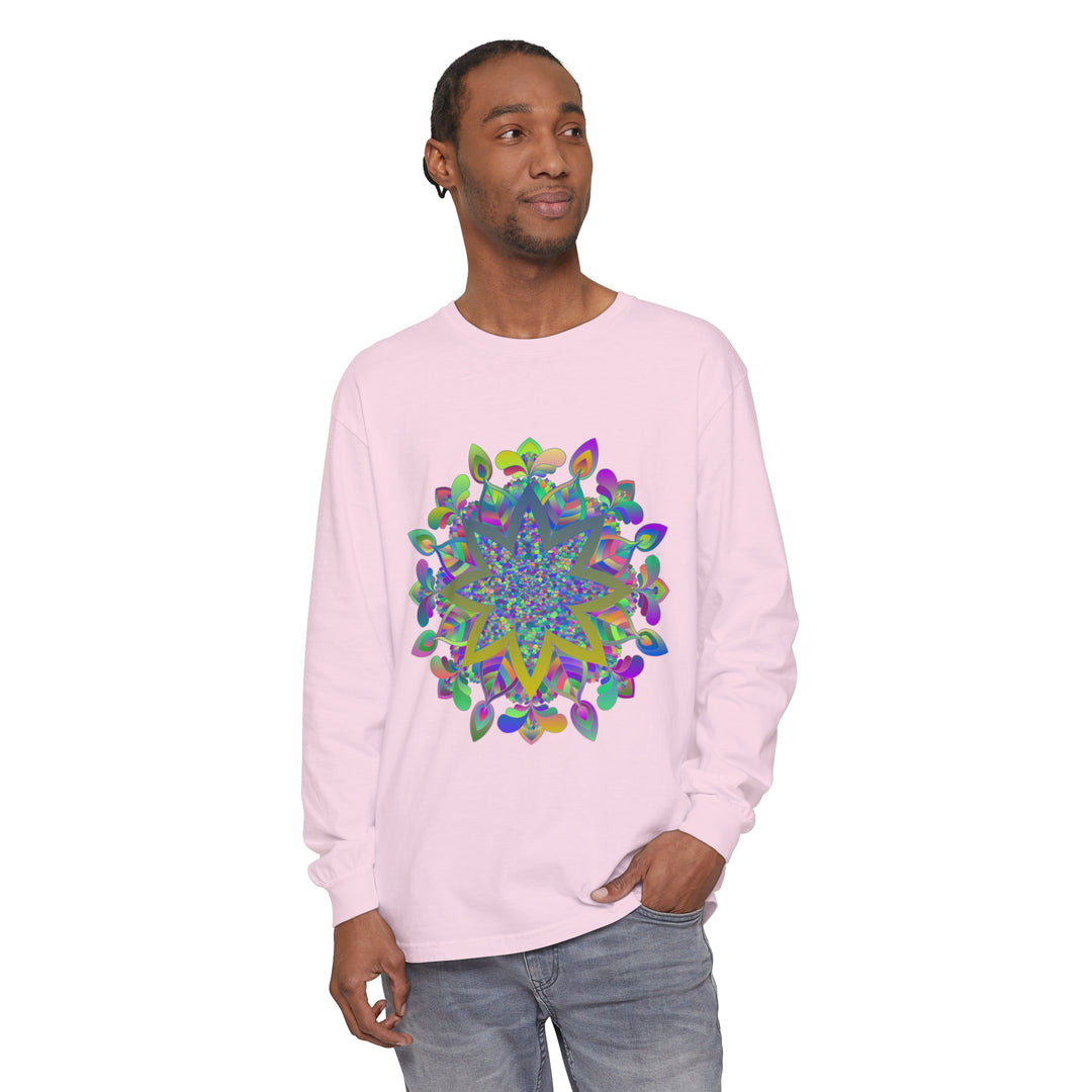 Vibrant and intricate mandala design on a unisex long sleeve t-shirt