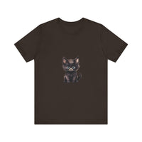 A fluffy grey and white kitten with bright blue eyes wearing a playful and adorable t-shirt with a cute design