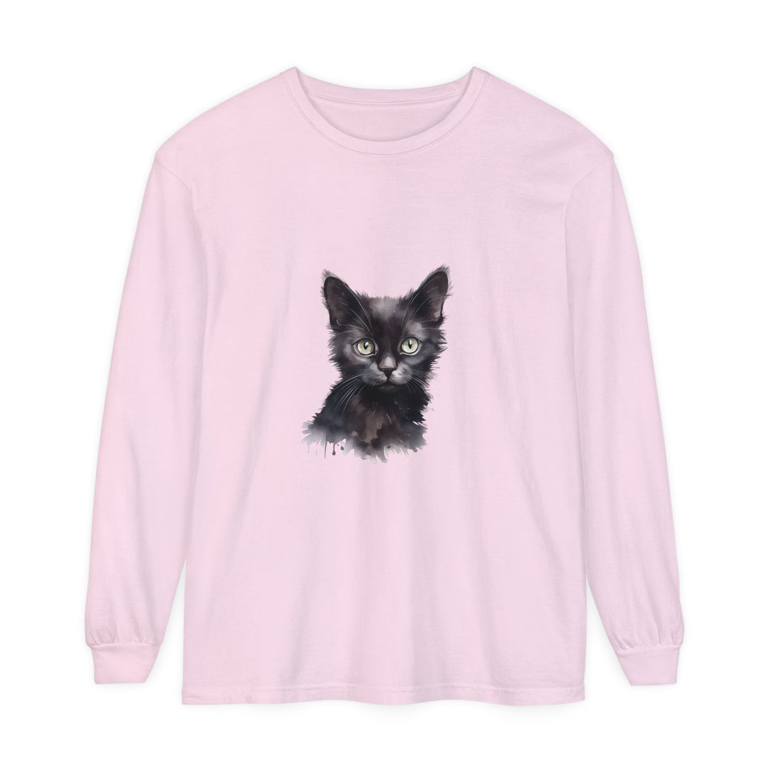 Black Cat Watercolor Long Sleeve T-Shirt with Vibrant Watercolor Design