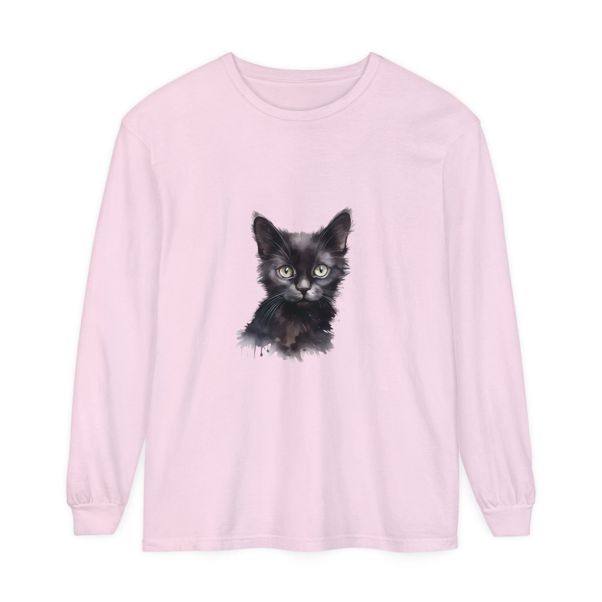 Black Cat Watercolor Long Sleeve T-Shirt with Vibrant Watercolor Design