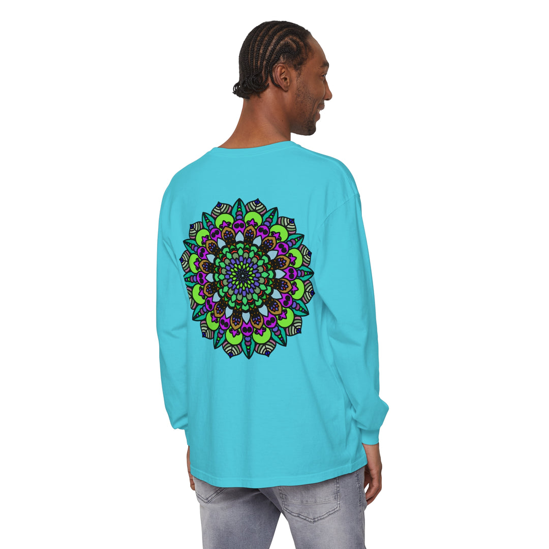 Colorful and intricate psychedelic mandala design on a unisex long sleeve t-shirt