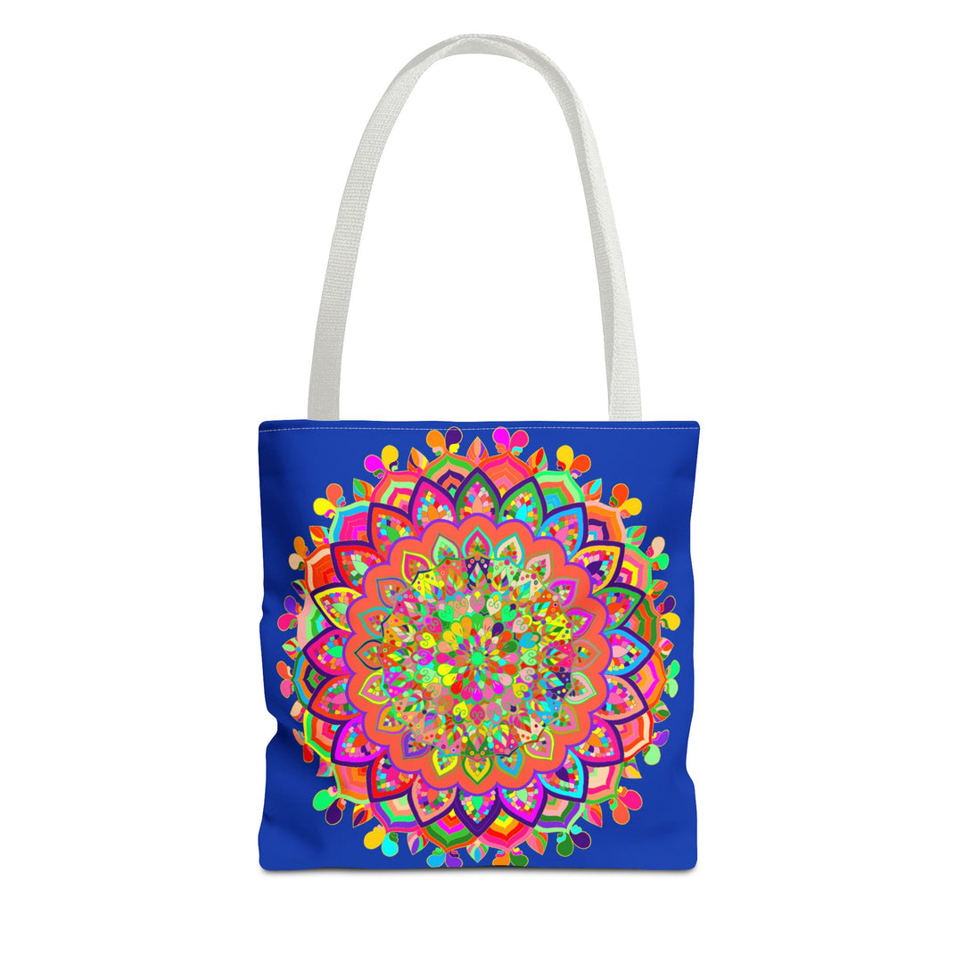 Dark blue tote bag featuring a vibrant and intricate mandala art design